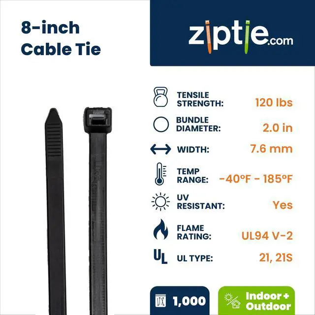 Alt view image 2 of 7 - 8-inch Black Multi-Purpose Cable Tie, 120-lb Tensile Strength, UL 21S Listed, 1000-Pack