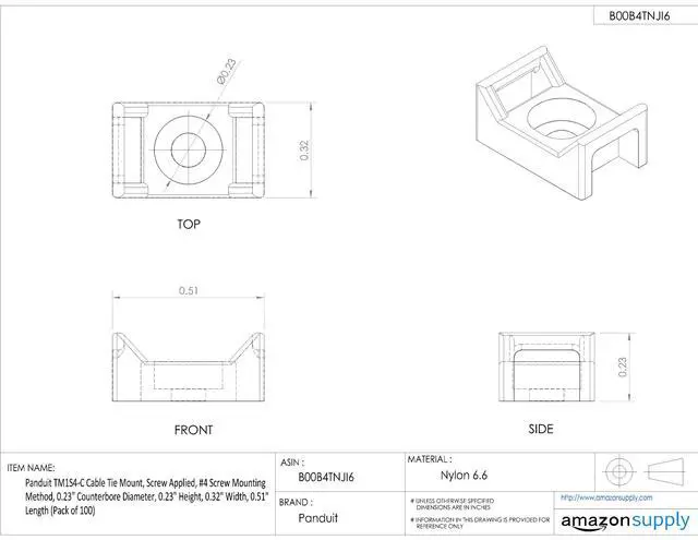 Alt view image 5 of 5 - TM3S8-C Cable Tie Mount, Screw Applied, #8 Screw Mounting Method, 0.32" Counterbore Diameter, 0.37" Height, 0.61" Width, 0.86" Length (Pack of 100)