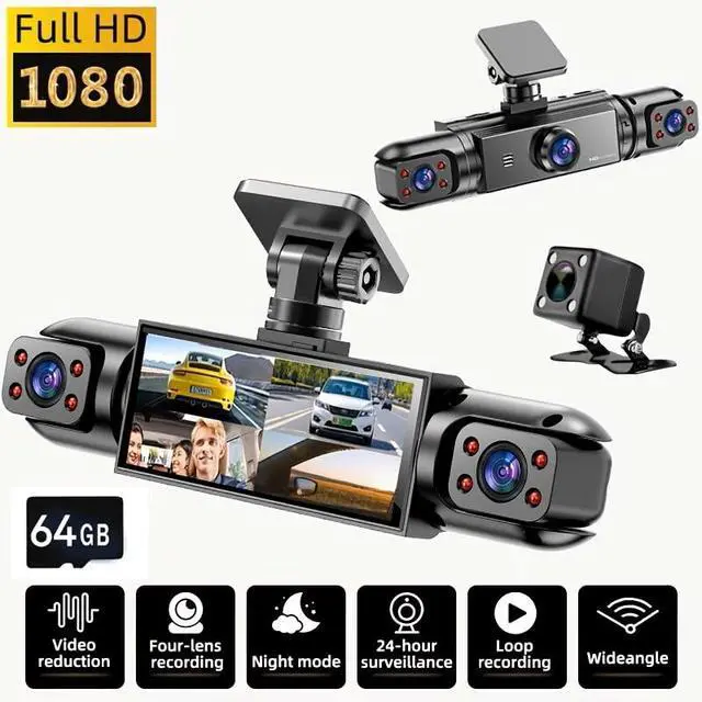 Alt view image 2 of 7 - BCUOZ Dash Cam 4-Camera Full Coverage with Front, Rear, and Interior Cameras, Full HD 1080P Recording, Night Vision, 24-Hour Parking Monitor (4 Lens with 64GB Card)