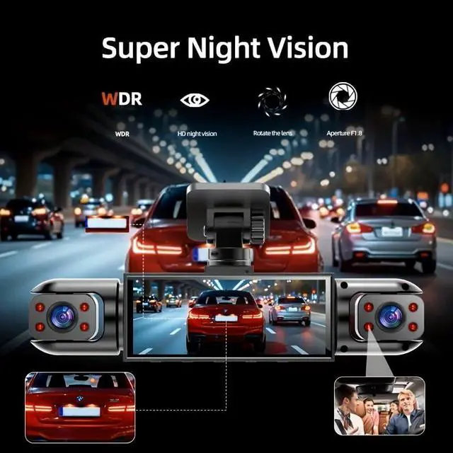 Alt view image 3 of 7 - BCUOZ Dash Cam 4-Camera Full Coverage with Front, Rear, and Interior Cameras, Full HD 1080P Recording, Night Vision, 24-Hour Parking Monitor (4 Lens with 64GB Card)