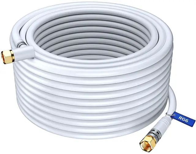 Main image of RG6 COAXIAL Cable with 90-Degree Angled Connector - 200ft / White - Triple Shielded, Non-Oxygen Copper Cable Wire for TV, Internet & More - Flexible Coax Cable Cord