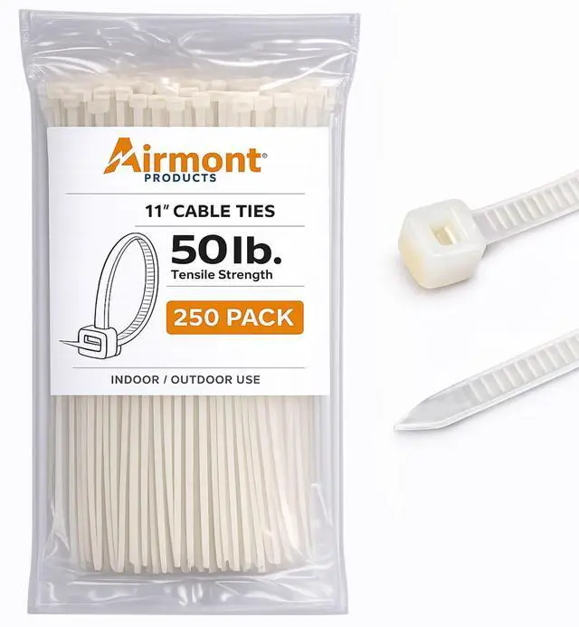 Main image of (250 Pack) 11 Inch White Zip Ties, 50 lb Nylon Cable Ties, UL Listed Self Locking Wire Ties for Electrical Cable Management, Tie Wraps, and Cord Organization