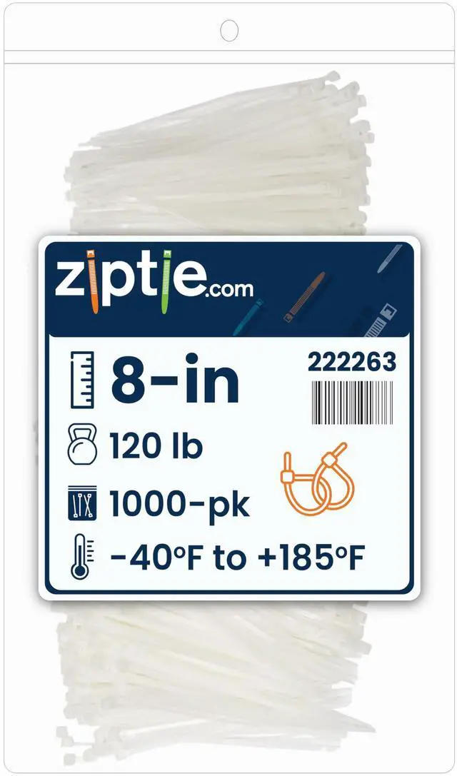 Main image of 8-inch Natural Multi-Purpose Zip Tie, 120-lb Tensile Strength, UL 21S Listed, 1,000-Pack