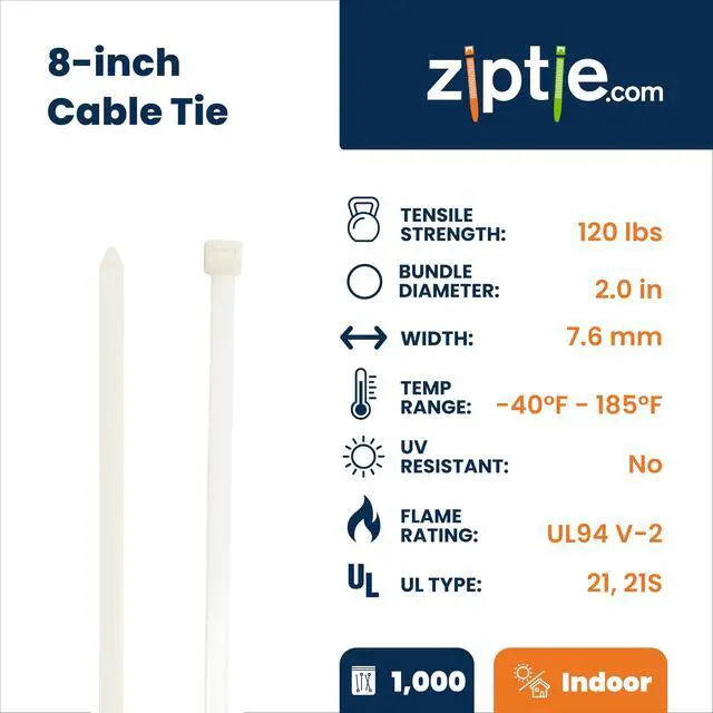 Alt view image 2 of 7 - 8-inch Natural Multi-Purpose Zip Tie, 120-lb Tensile Strength, UL 21S Listed, 1,000-Pack