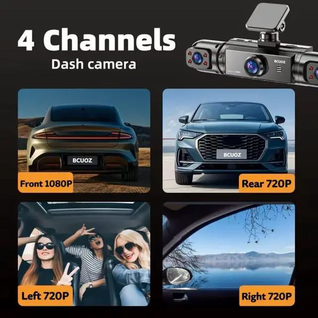 Alt view image 7 of 7 - BCUOZ Dash Cam 4-Camera Full Coverage with Front, Rear, and Interior Cameras, Full HD 1080P Recording, Night Vision, 24-Hour Parking Monitor (4 Lens Without Card)