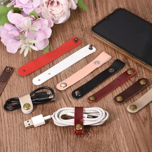 Alt view image 6 of 6 - Pack of 20 Leather Cable Straps Cable Ties, Cord Organizer, Portable Cable Management for USB Cables, Headphone Wires, Black/Golden