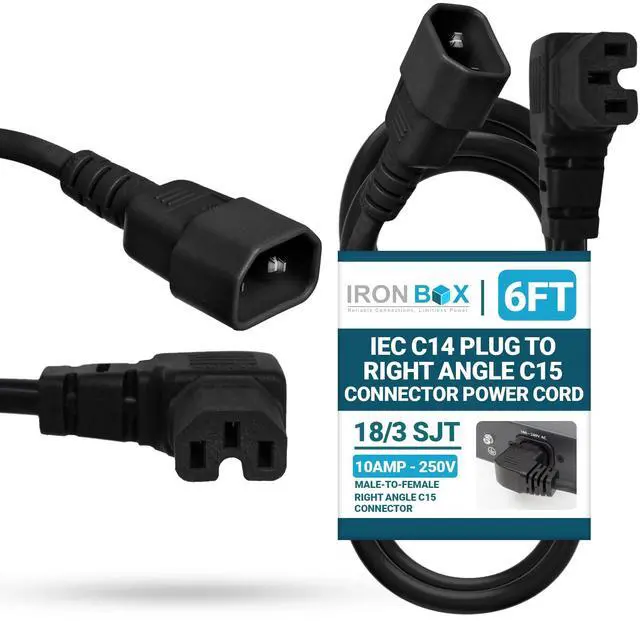 Main image of IronBox Electric IEC C14 Plug to Right Angle C15 Connector Power Cords - 10A, 250V, 18/3 SJT - Heavy Duty Power Supply Extension Cord - UL Listed Power Cable for Computer, PDU, Monitor & More (6 ft)