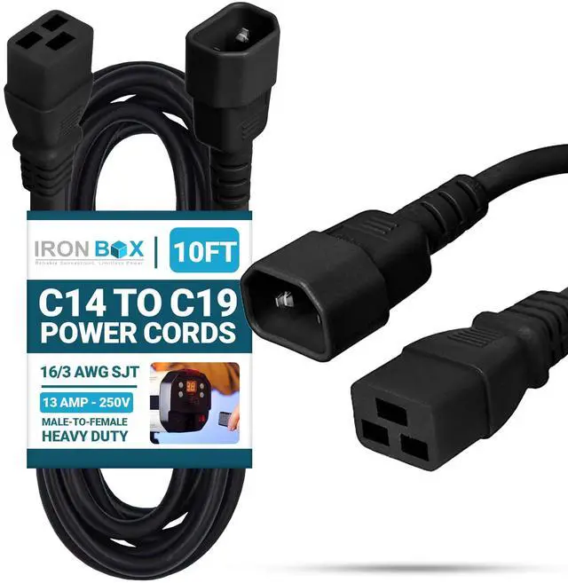 Main image of IronBox Electric C14 to C19 Power Cords - 13A, 250V, 16/3 AWG SJT - UL Listed Power Supply Cable - Heavy Duty Power Cord Extension for Computer, Monitor, PDU, Desktop, Audio and More (10 ft, Black)