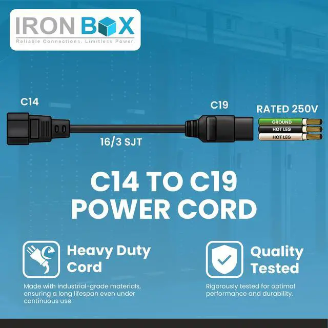 Alt view image 3 of 7 - IronBox Electric C14 to C19 Power Cords - 13A, 250V, 16/3 AWG SJT - UL Listed Power Supply Cable - Heavy Duty Power Cord Extension for Computer, Monitor, PDU, Desktop, Audio and More (10 ft, Black)