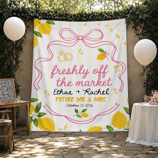 Alt view image 2 of 7 - Personalized Freshly Off the Market Future Mr and Mrs Banner Backdrop Custom Couple Names Date Lemon Pink Bow Engagement Party Decorations Bridal Shower Wedding Sign Decor Keepsake Wall Hanging
