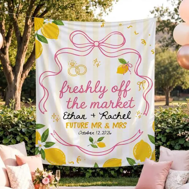 Alt view image 3 of 7 - Personalized Freshly Off the Market Future Mr and Mrs Banner Backdrop Custom Couple Names Date Lemon Pink Bow Engagement Party Decorations Bridal Shower Wedding Sign Decor Keepsake Wall Hanging