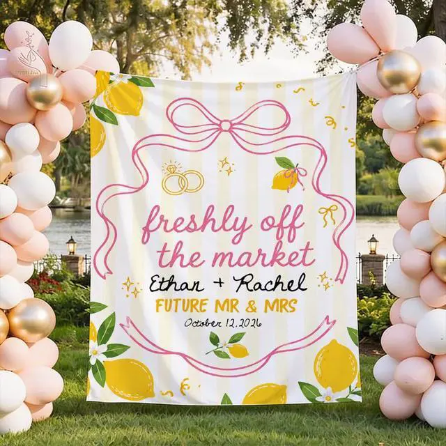 Alt view image 4 of 7 - Personalized Freshly Off the Market Future Mr and Mrs Banner Backdrop Custom Couple Names Date Lemon Pink Bow Engagement Party Decorations Bridal Shower Wedding Sign Decor Keepsake Wall Hanging