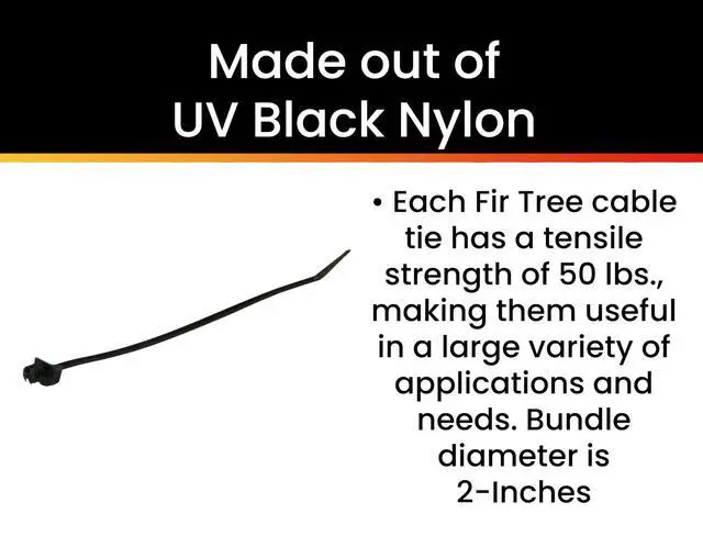 Alt view image 3 of 6 - Pro Tie Fir Tree Push Mount Nylon Cable Ties for Indoor and Outdoor Use |8-Inch, 50 lbs. Tensile Strength, UV Black Nylon, 100-Pack (PN: B8FTPM100)