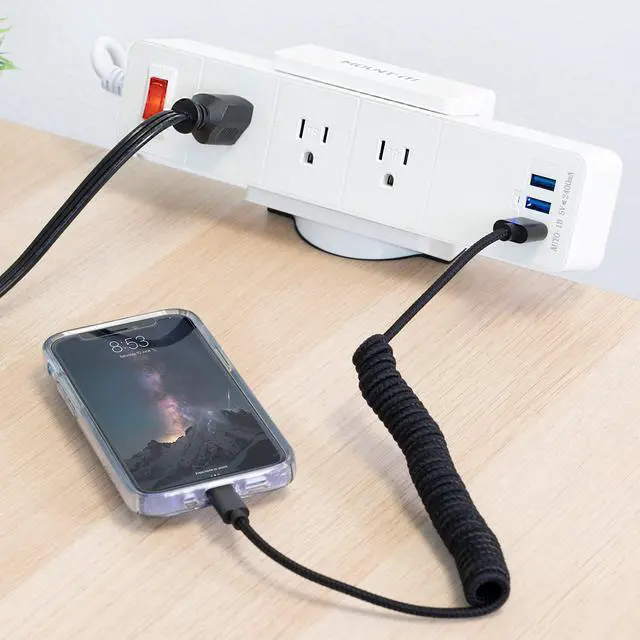 Alt view image 2 of 7 - Desk Clamp Power Strip, 3 Outlets & 3 USB Ports, White | Surge-protected clamp mount fits desks 0.4-2" thick, built-in cable management for standing desks & home offices