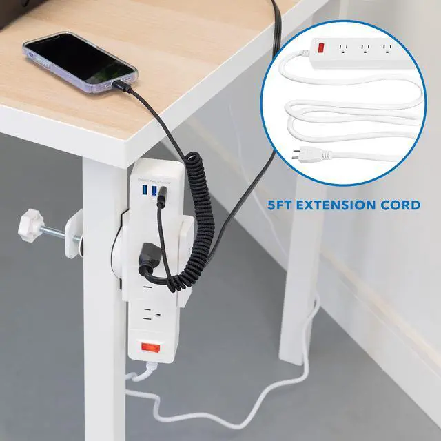 Alt view image 5 of 7 - Desk Clamp Power Strip, 3 Outlets & 3 USB Ports, White | Surge-protected clamp mount fits desks 0.4-2" thick, built-in cable management for standing desks & home offices