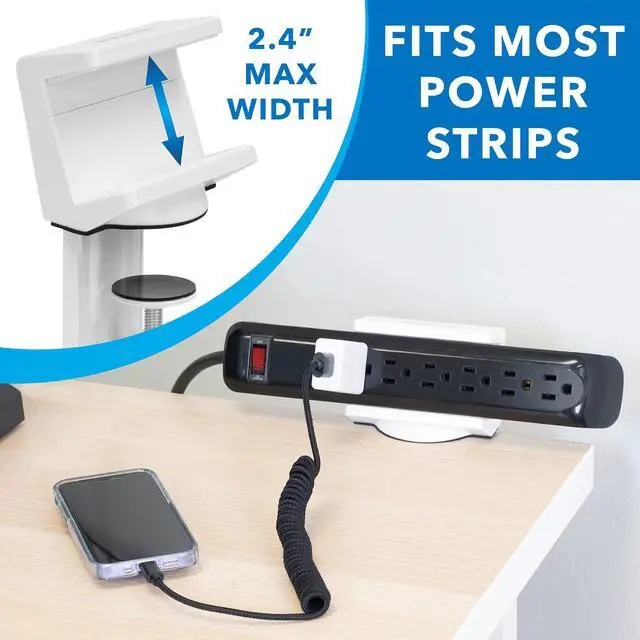 Alt view image 6 of 7 - Desk Clamp Power Strip, 3 Outlets & 3 USB Ports, White | Surge-protected clamp mount fits desks 0.4-2" thick, built-in cable management for standing desks & home offices