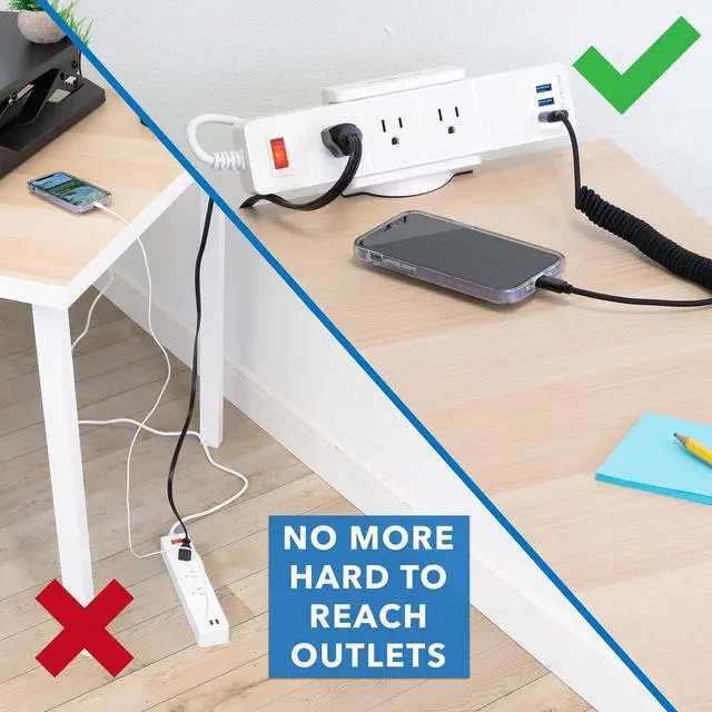 Alt view image 7 of 7 - Desk Clamp Power Strip, 3 Outlets & 3 USB Ports, White | Surge-protected clamp mount fits desks 0.4-2" thick, built-in cable management for standing desks & home offices