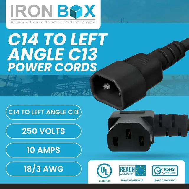 Alt view image 2 of 7 - IronBox Electric - C14 to Left Angle C13 Power Cord - 90 Degree Computer Power Cord - Rated for 10A/250V - 18/3 AWG - IEC 60320 - Cable for Servers, Monitors, Computers, Networking Equipment (8 Feet)