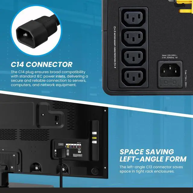 Alt view image 4 of 7 - IronBox Electric - C14 to Left Angle C13 Power Cord - 90 Degree Computer Power Cord - Rated for 10A/250V - 18/3 AWG - IEC 60320 - Cable for Servers, Monitors, Computers, Networking Equipment (8 Feet)
