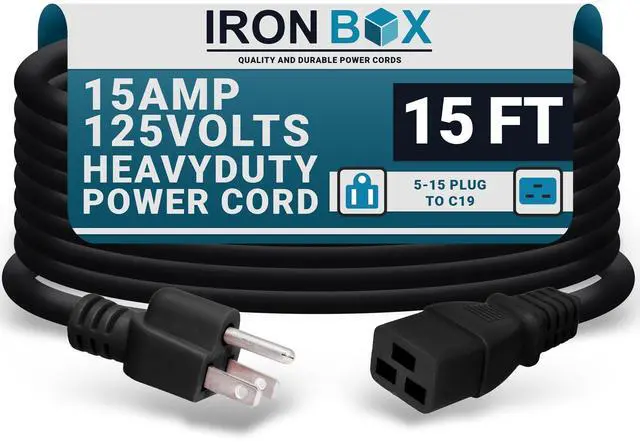 Main image of IronBox Electric - Heavy Duty 5-15P to C19 Power Cord - 15A, 125V, 14/3 SJT Jacket - Computer Power Supply Extension Cords - PSU Wire Connectors - Versatile for Home and Office Use(Black, 15 Foot)