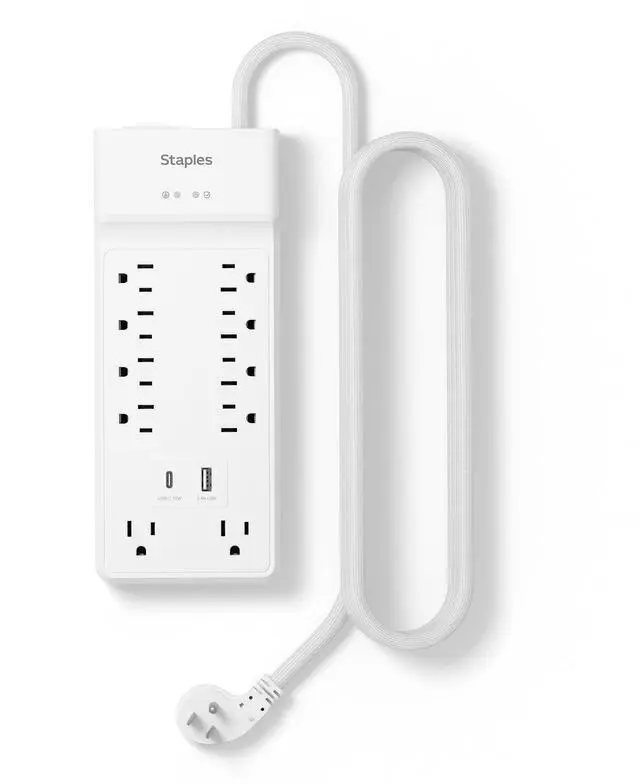 Main image of TECH 10-Outlet Surge Protector, 2 USB Ports, 6 Ft Cord, 3000J | Flat offset plug for home and office electronics. White, braided cord