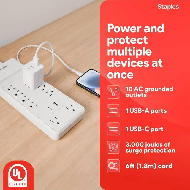 Alt view image 2 of 7 - TECH 10-Outlet Surge Protector, 2 USB Ports, 6 Ft Cord, 3000J | Flat offset plug for home and office electronics. White, braided cord