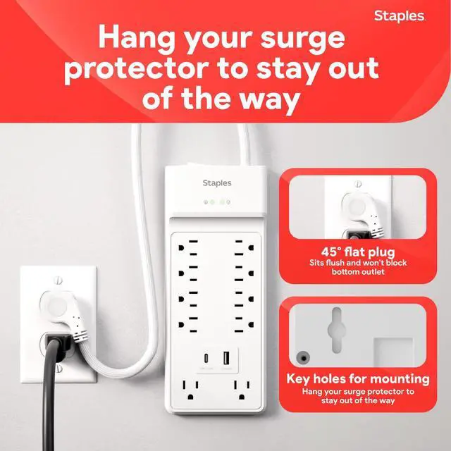 Alt view image 4 of 7 - TECH 10-Outlet Surge Protector, 2 USB Ports, 6 Ft Cord, 3000J | Flat offset plug for home and office electronics. White, braided cord