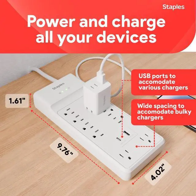 Alt view image 3 of 7 - TECH 10-Outlet Surge Protector, 2 USB Ports, 6 Ft Cord, 3000J | Flat offset plug for home and office electronics. White, braided cord
