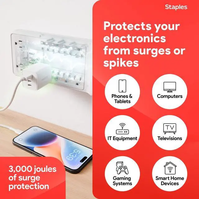 Alt view image 5 of 7 - TECH 10-Outlet Surge Protector, 2 USB Ports, 6 Ft Cord, 3000J | Flat offset plug for home and office electronics. White, braided cord