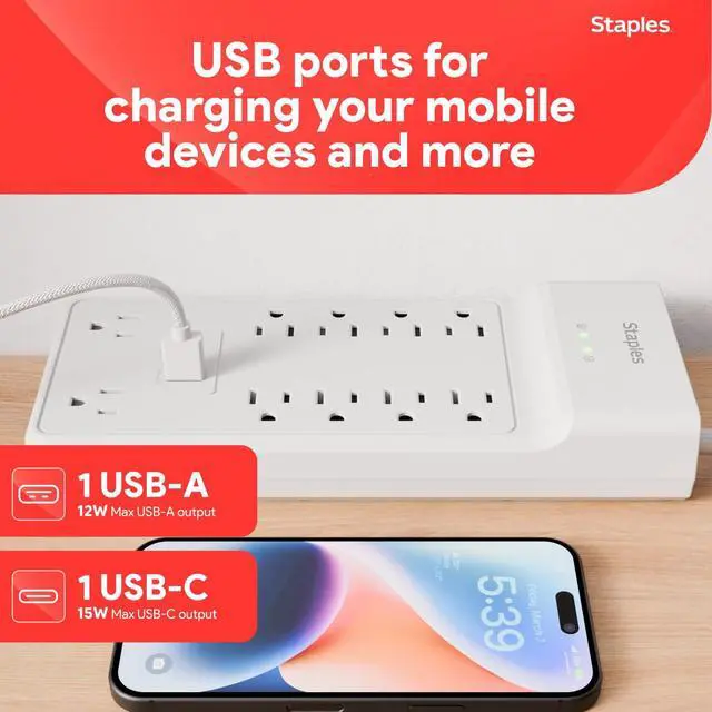 Alt view image 6 of 7 - TECH 10-Outlet Surge Protector, 2 USB Ports, 6 Ft Cord, 3000J | Flat offset plug for home and office electronics. White, braided cord