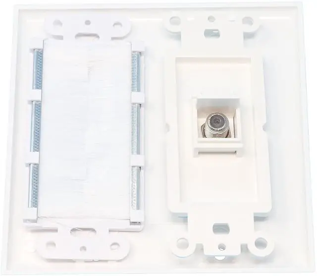 Alt view image 2 of 2 - Mesh Brush Coax Cable TV Wall Plate Dual 2 Gang Decorative White
