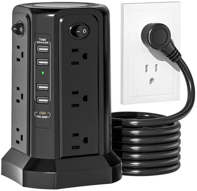 Main image of Surge Protector Power Strip Tower with USB C(PD18W) Port,Tower Outlets with 4 USB A Ports, Flat Plug 6.56 FT Extension Cord with 12 AC Multiple Outlets
