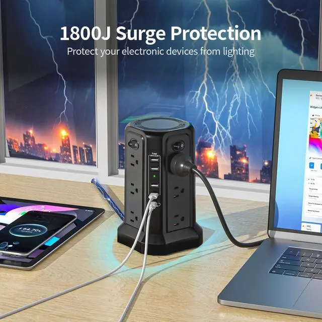 Alt view image 2 of 7 - Surge Protector Power Strip Tower with USB C(PD18W) Port,Tower Outlets with 4 USB A Ports, Flat Plug 6.56 FT Extension Cord with 12 AC Multiple Outlets