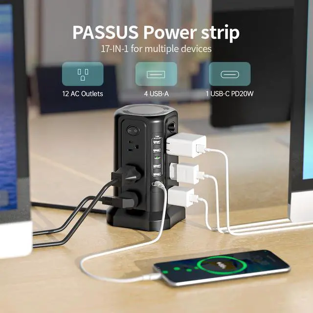 Alt view image 3 of 7 - Surge Protector Power Strip Tower with USB C(PD18W) Port,Tower Outlets with 4 USB A Ports, Flat Plug 6.56 FT Extension Cord with 12 AC Multiple Outlets