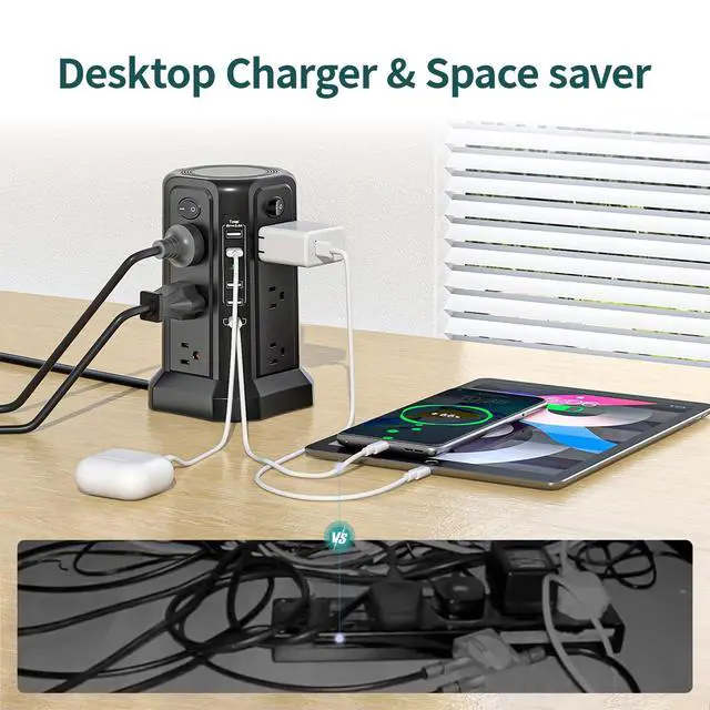 Alt view image 5 of 7 - Surge Protector Power Strip Tower with USB C(PD18W) Port,Tower Outlets with 4 USB A Ports, Flat Plug 6.56 FT Extension Cord with 12 AC Multiple Outlets