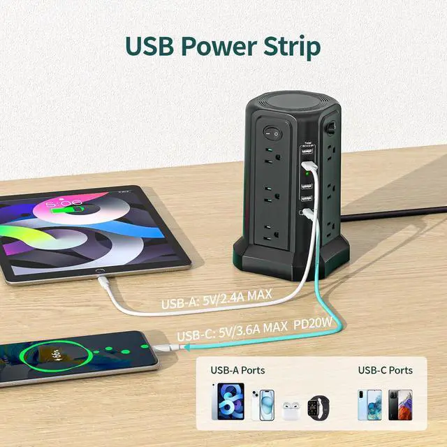 Alt view image 6 of 7 - Surge Protector Power Strip Tower with USB C(PD18W) Port,Tower Outlets with 4 USB A Ports, Flat Plug 6.56 FT Extension Cord with 12 AC Multiple Outlets