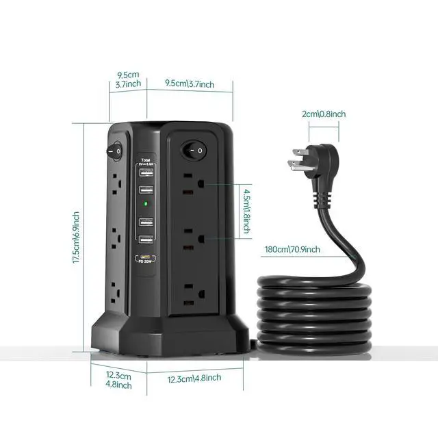 Alt view image 7 of 7 - Surge Protector Power Strip Tower with USB C(PD18W) Port,Tower Outlets with 4 USB A Ports, Flat Plug 6.56 FT Extension Cord with 12 AC Multiple Outlets