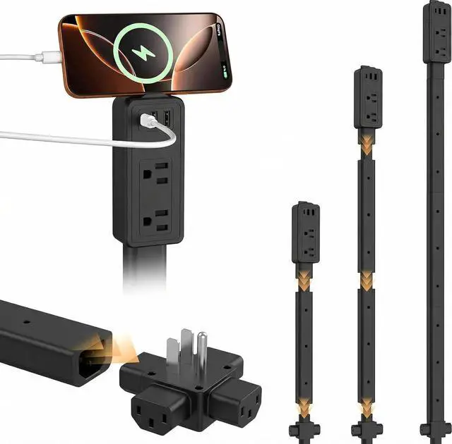 Main image of Outlet Extender Stick, 2 AC & USB-C Ports, Adjustable Length | 9"-36" adjustable length, flame-retardant PC-ABS build, fits behind sofa, nightstand, desk, renter-friendly no-drill mount