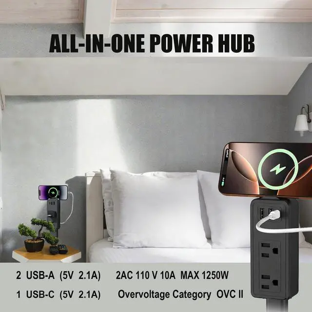 Alt view image 2 of 6 - Outlet Extender Stick, 2 AC & USB-C Ports, Adjustable Length | 9"-36" adjustable length, flame-retardant PC-ABS build, fits behind sofa, nightstand, desk, renter-friendly no-drill mount