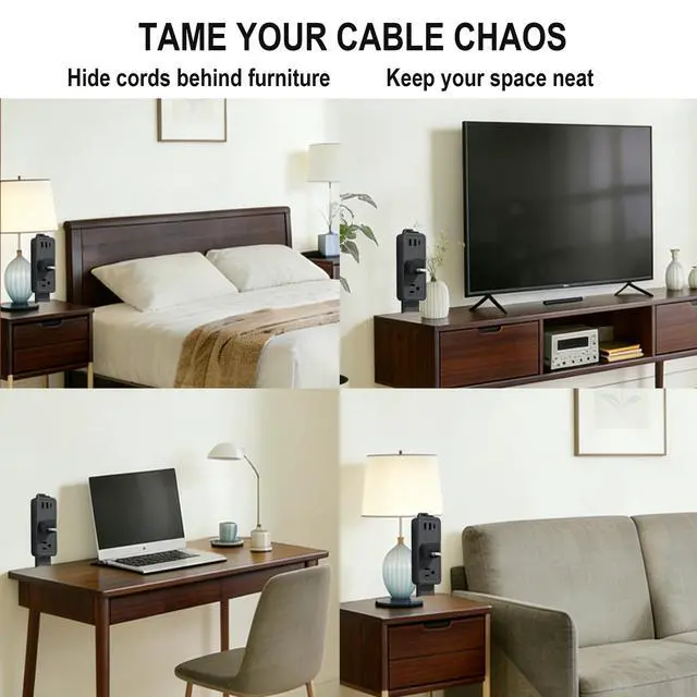 Alt view image 6 of 6 - Outlet Extender Stick, 2 AC & USB-C Ports, Adjustable Length | 9"-36" adjustable length, flame-retardant PC-ABS build, fits behind sofa, nightstand, desk, renter-friendly no-drill mount