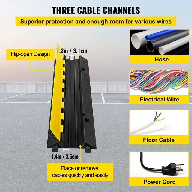 Alt view image 3 of 7 - 1 Pack of 3-Channel Rubber Cable Protector Ramps Heavy Duty 44000Lbs Load Capacity Cable Wire Cord Cover Ramp Speed Bump Driveway Hose Cable Ramp Protective Cover