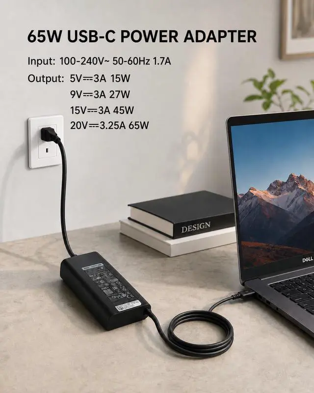 Alt view image 5 of 6 - OEM 65W USB-C Charger for Dell Pro 13 14 16 Plus Premium | Supports PB13250 PB14250 PB16250 PA13250 PA14250, 20V 3.25A Type-C PD output