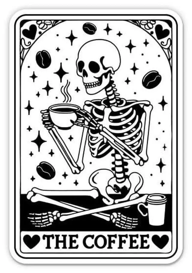Main image of The Coffee Tarot Sticker - Caffeine Lover Skeleton Decal - Large - 12 in | For Car, Wall, Indoor or Outdoor, Waterproof