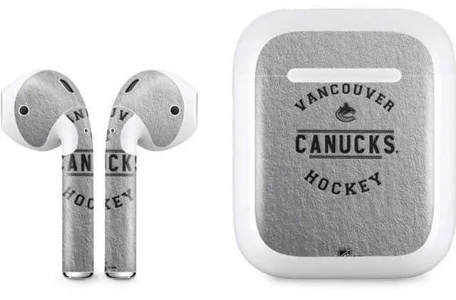 Main image of Decal Audio Skin Compatible with Apple AirPods - Officially Licensed NHL Vancouver Canucks Black Text Design