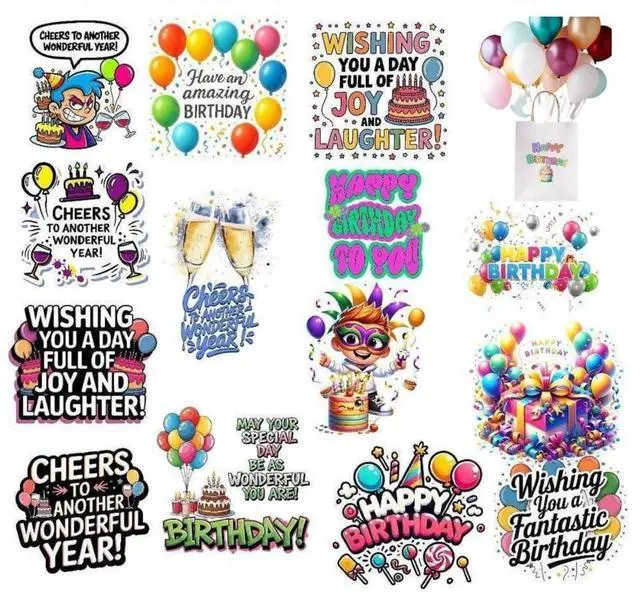 Main image of 15 Pcs 3D Happy Birthday Stickers 4"x4"Colorful UV 3D Waterproof Vinyl Decals for Tumblers, Mugs, Laptops, Bottles & More Peel & Stick, No Transfer Tape DIY Craft Stickers for Party Favors & Gifts
