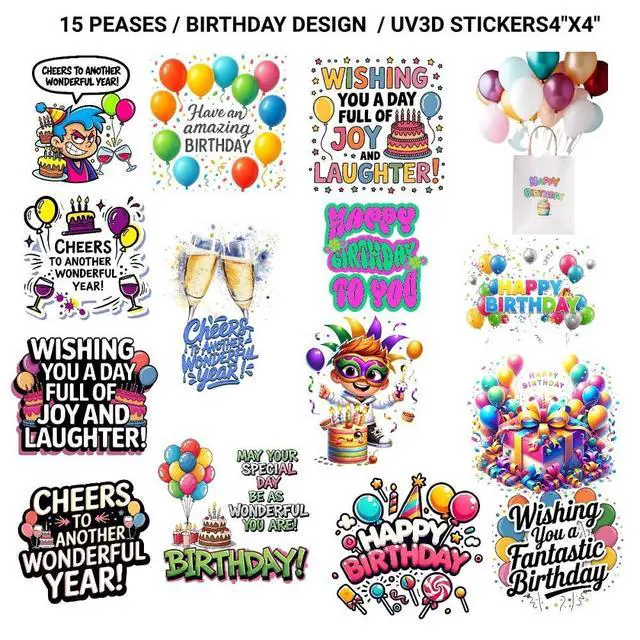 Alt view image 2 of 5 - 15 Pcs 3D Happy Birthday Stickers 4"x4"Colorful UV 3D Waterproof Vinyl Decals for Tumblers, Mugs, Laptops, Bottles & More Peel & Stick, No Transfer Tape DIY Craft Stickers for Party Favors & Gifts