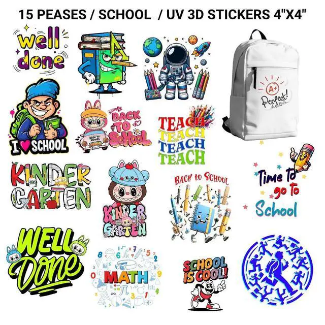 Alt view image 2 of 6 - 15PCS School UV 3D Stickers 4"x4" Waterproof Back to School Teacher Appreciation Decals for Classroom, Laptops, Mugs, DIY Crafts, Kindergarten, Scrapbooking, Reward Sticker Pack