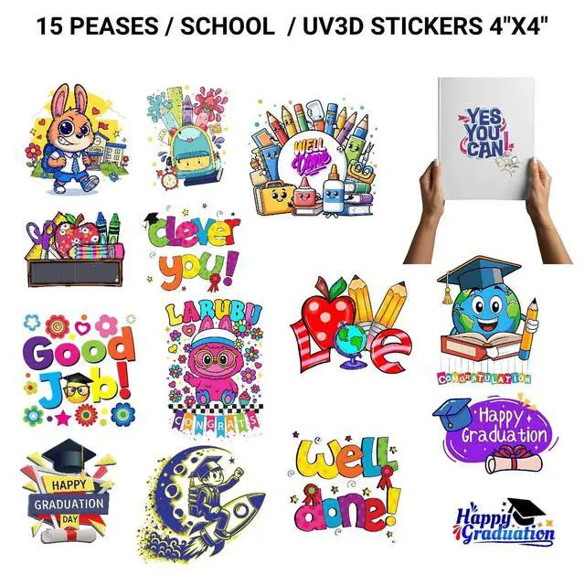 Alt view image 3 of 6 - 15PCS School UV 3D Stickers 4"x4" Waterproof Back to School Teacher Appreciation Decals for Classroom, Laptops, Mugs, DIY Crafts, Kindergarten, Scrapbooking, Reward Sticker Pack