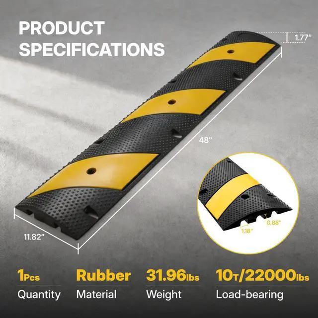 Alt view image 2 of 7 - Rubber Speed Bump, Heavy Duty Speed Bump Cable Protector Ramp for Driveway, Road Parking, Garage, Parking Lot, Warehouse (1, 4FT (Without End Caps))