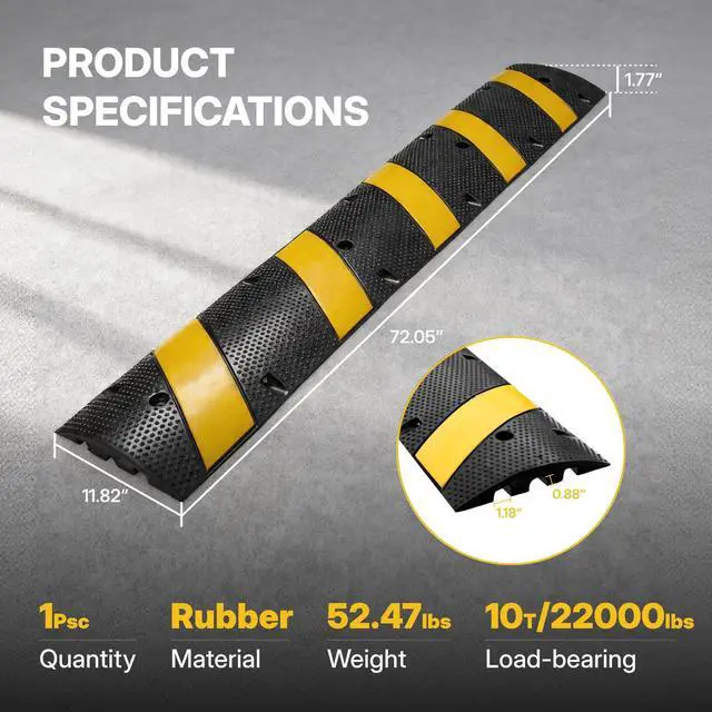 Alt view image 2 of 5 - 6FT Rubber Speed Bump, Heavy Duty Speed Bump Cable Protector Ramp for Driveway, Road Parking, Garage, Parking Lot, Warehouse,72" x 11.8" x 1.77" (2, 6FT No End Cap)